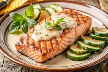 Стейк семги в сливочном соусе и кабачком