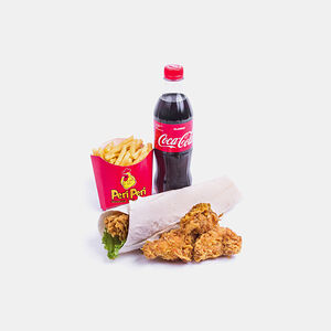 Зингер сэндвич, крылья, фри, напиток, кетчуп
