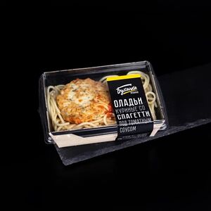 Оладьи куриные со спагетти 