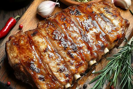 Свиные ребра в соусе барбекю с маринованными овощами 