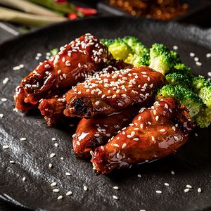 Куриные крылья в кисло-сладком соусе с броколли