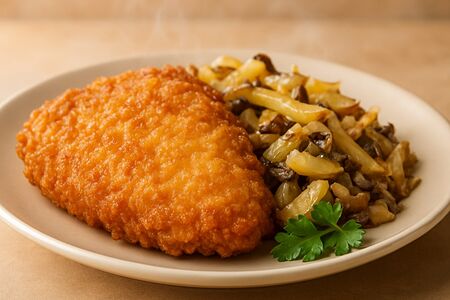 Отбивная куриная с картофелем и жареными с грибами