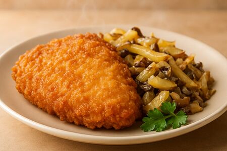 Отбивная куриная с картофелем и жареными с грибами