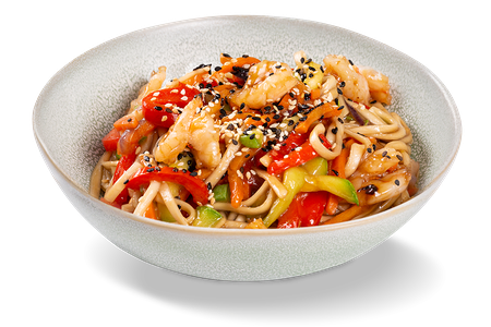 Лапша гречневая с креветками и овощами