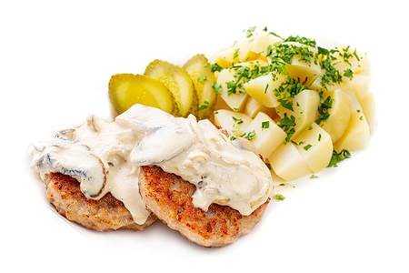 Котлетки куриные с отварным картофелем и грибным соусом