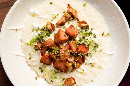 Каша рисовая с белыми грибами и мортаделлой