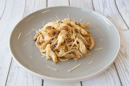 Паста с курицей и грибами в сливочном соусе