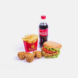 Зингер бургер, крылья, фри, напиток, кетчуп

