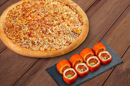 Пицца Маргарита и ролл Калифорния с лососем