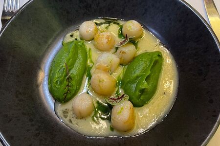 Морские гребешки с соусом берблан и пюре из шпината