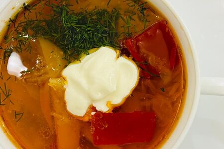 Щи со свежей капустой, говядиной и сметаной