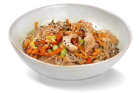 Острая фунчоза со свининой и овощами