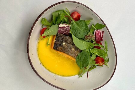 Стейк из лосося с голландским соусом и свежим салатом