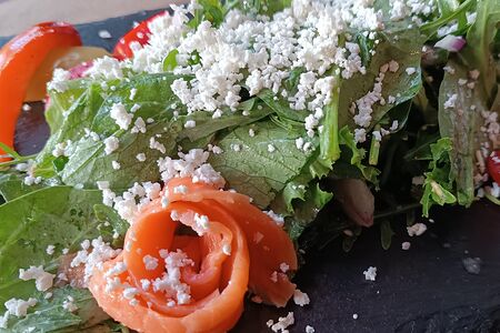 Лосось слабой соли с руколой, шпинатом и сыром надуги