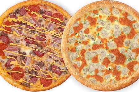 2 пиццы Охотничьи колбаски и Сочная курочка