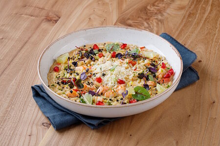 Паста орзо с креветками и запеченным перцем