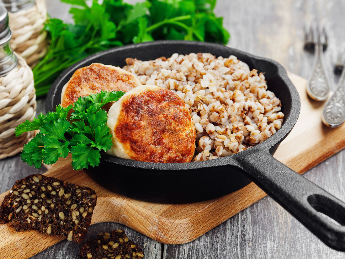 Buckwheat Porridge with Cutlets on White Plate Stock Image - Image of chicken, h