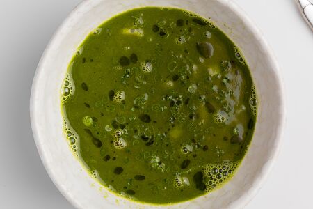 Суп из фасоли с томленым бычком и пряным песто