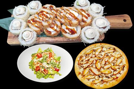 Комби Чикен роллы, пицца и салат Цезарь