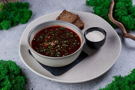 Борщ с лосем и уткой, сметаной, бородинским хлебом, луком зеленым