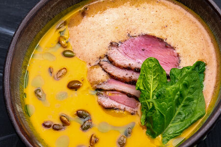 Тыквенный суп, ореховый мусс, вяленая утка