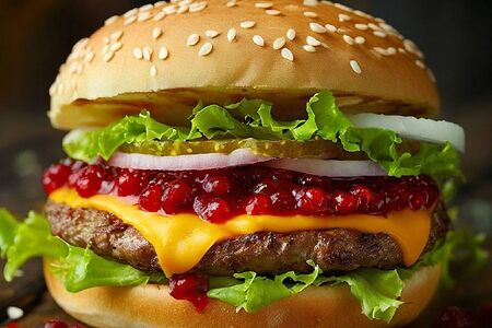 Фирменный бургер с мраморной говядиной и брусничным соусом