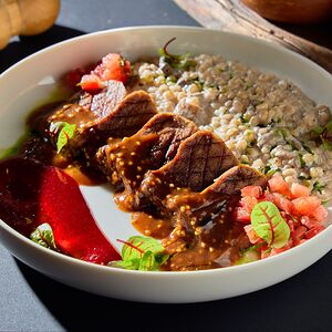 Телячий язык с грибным перлотто 