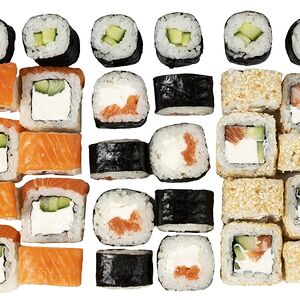 Сет Филадельфия: 1) Филадельфия лайт, 2) Филадельфия в кунжуте 3) Филадельфия с огурцом, 4) Ролл с огурцом