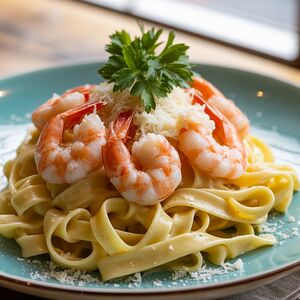 Лингвини с креветками альфредо