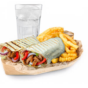 Донер-кебаб в лаваше говяжий + фри + напиток на выбор 0,5