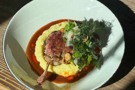 Утиная ножка с карамельным луком и пюре из картофеля