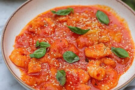 Креветки в томатном соусе с перчиками