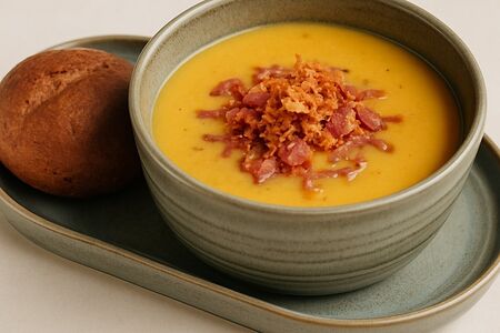 Крем суп из чечевицы с хрустящим луком и копчёностями