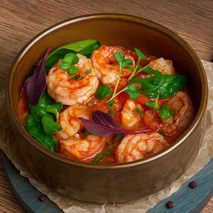 Креветки с томатами и шпинатом в сливочно-чесночном соусе