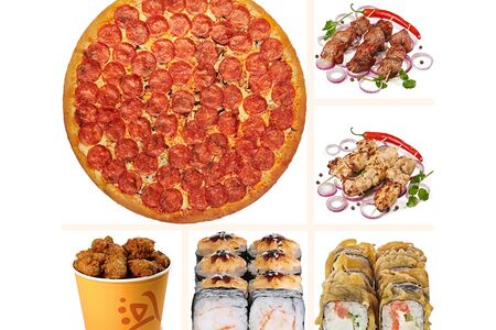 Пицца, 15 острых крыльев, шашлык и 2 ролла