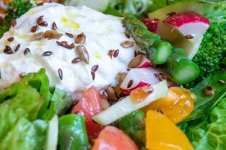 Салат из сезонных овощей с сыром страчателла