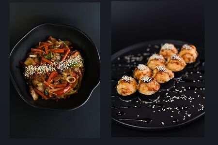 Вок и запеченный ролл с креветкой