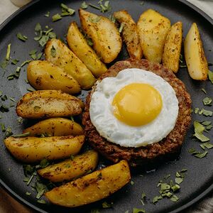 Большая куриная котлета с картофельными дольками