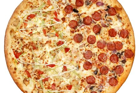 Пицца 2 вкуса Чикен-чоризо (острая, гигантская)