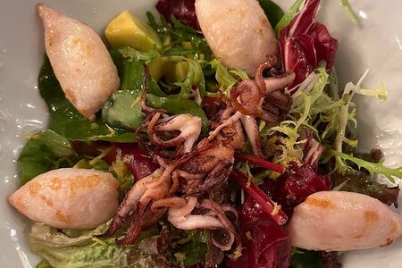 Салат с рукколой, кальмаром и авокадо