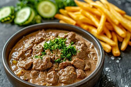 Бефстроганов с картофелем фри и солёными огурцами