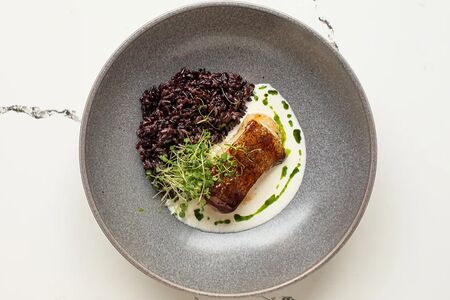 Стейк из судака, ризотто из дикого риса