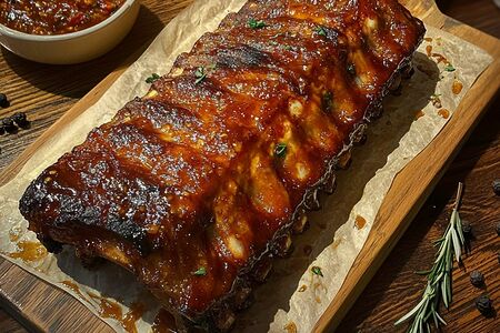 Свиные ребра в медово-горчичном соусе с маринованными овощами