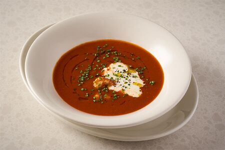 Томатный суп, страчателла, креветки