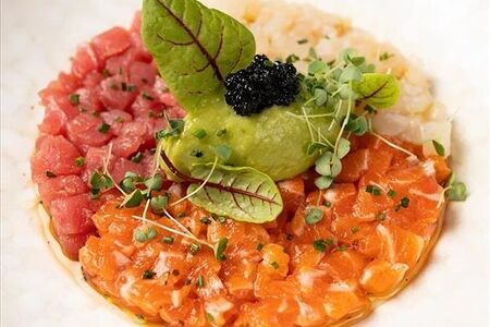 Тартар тунец, гребешок, лосось