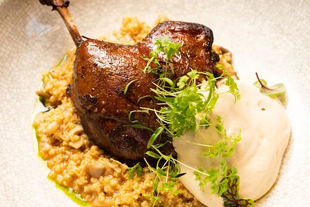 Утиная ножка конфи с пшеном в соусе демиглас
