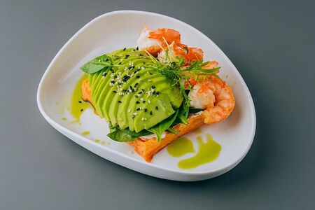 Вафля из батата с креветками, авокадо и творожным сыром