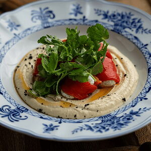 Хумус, рулетики из перца рамиро с надуги