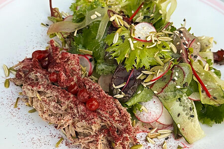 Салат с уткой и брусничным соусом