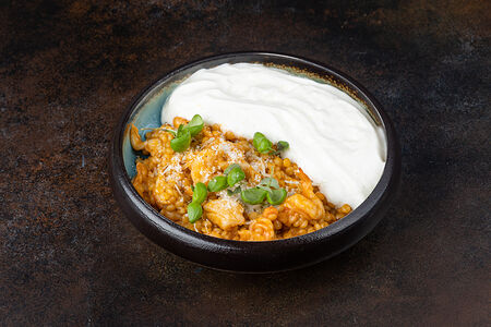 Пти тим с морепродуктами и муссом пармезан